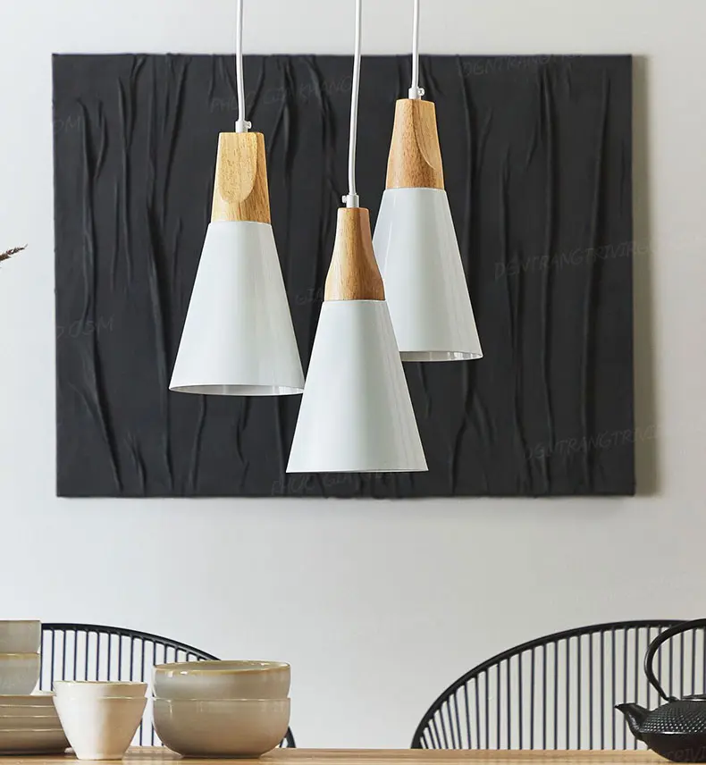 Đèn thả chụp nhôm nhỏ gọn sơn trắng tĩnh điện chuôi gỗ L677