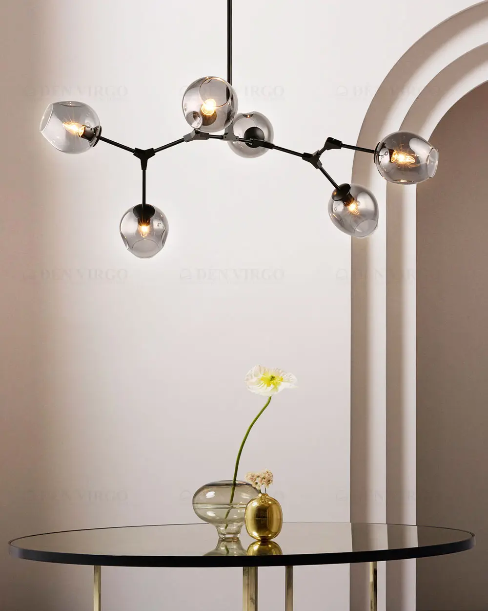 Đèn chùm 6 bóng thân đen chụp thủy tinh khói hiện đại LV8085/6