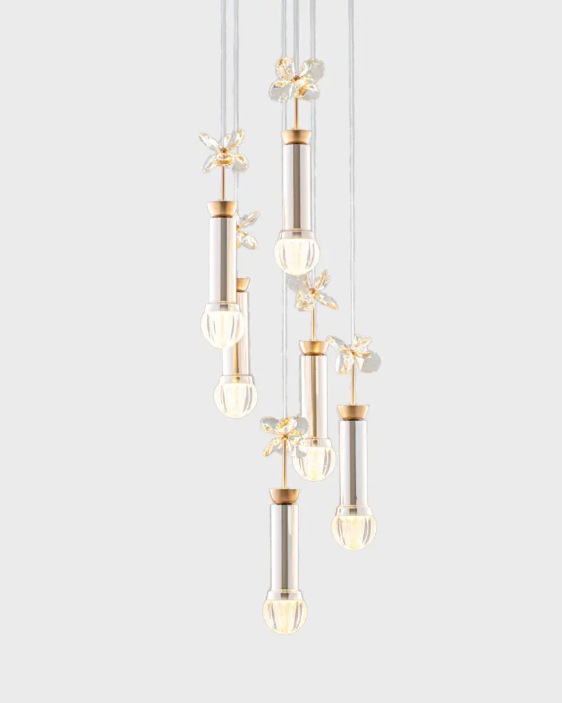 Đèn Thả Pha Lê Hình Bướm Khối Trụ Bọt Nước Nghệ Thuật Viền Vàng VRG-6127-5