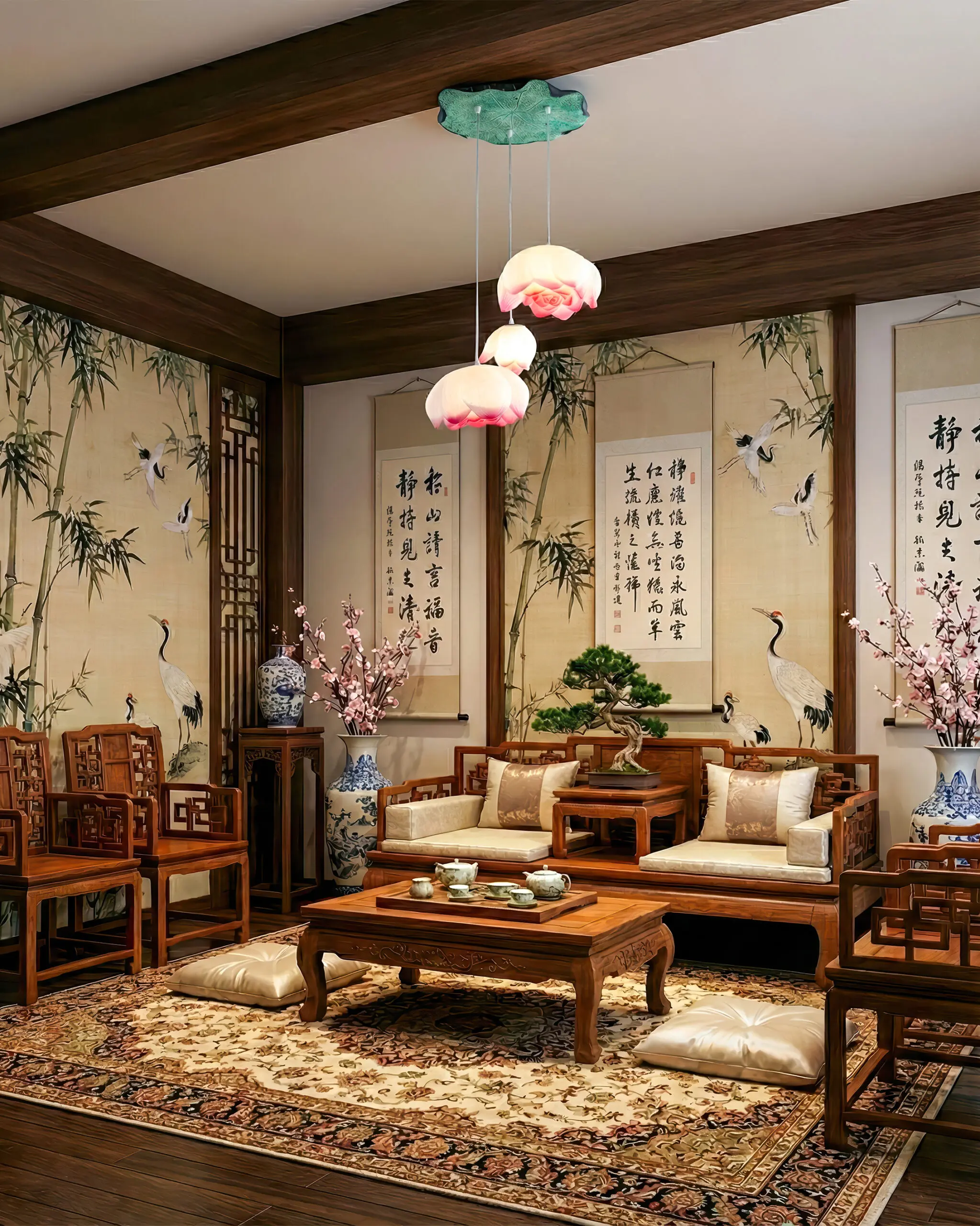 Đèn Thả Phòng Thờ Hoa Sen Mâm Lá Xanh 3 Bông Nở Rộ Trang Nghiêm VRG-BLD