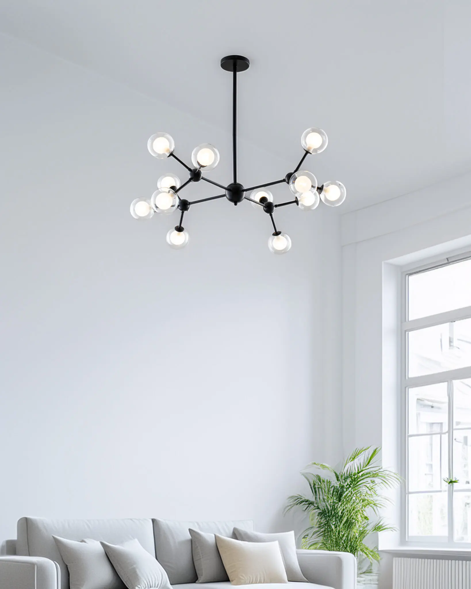 Đèn Chùm Phân Tử 12 Bóng Khung Đen Chao Thủy Tinh Trong VRG-TTK817-12