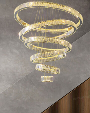 Đèn thả trang trí 5 vòng pha lê phòng khách, thông tầng cao cấp L006