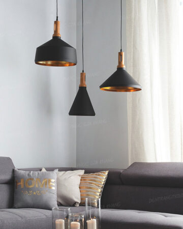 Đèn thả chụp hợp kim sơn đen chuôi hoa văn gỗ L682