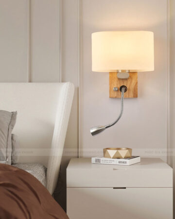 đèn trang trí,Đèn ngủ gắn tường có rọi đọc sách đế gỗ chụp thủy tinh, đèn ngủ khách sạn LV973