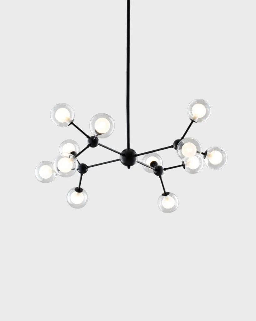 Đèn Chùm Phân Tử 12 Bóng Khung Đen Chao Thủy Tinh Trong VRG-TTK817-12
